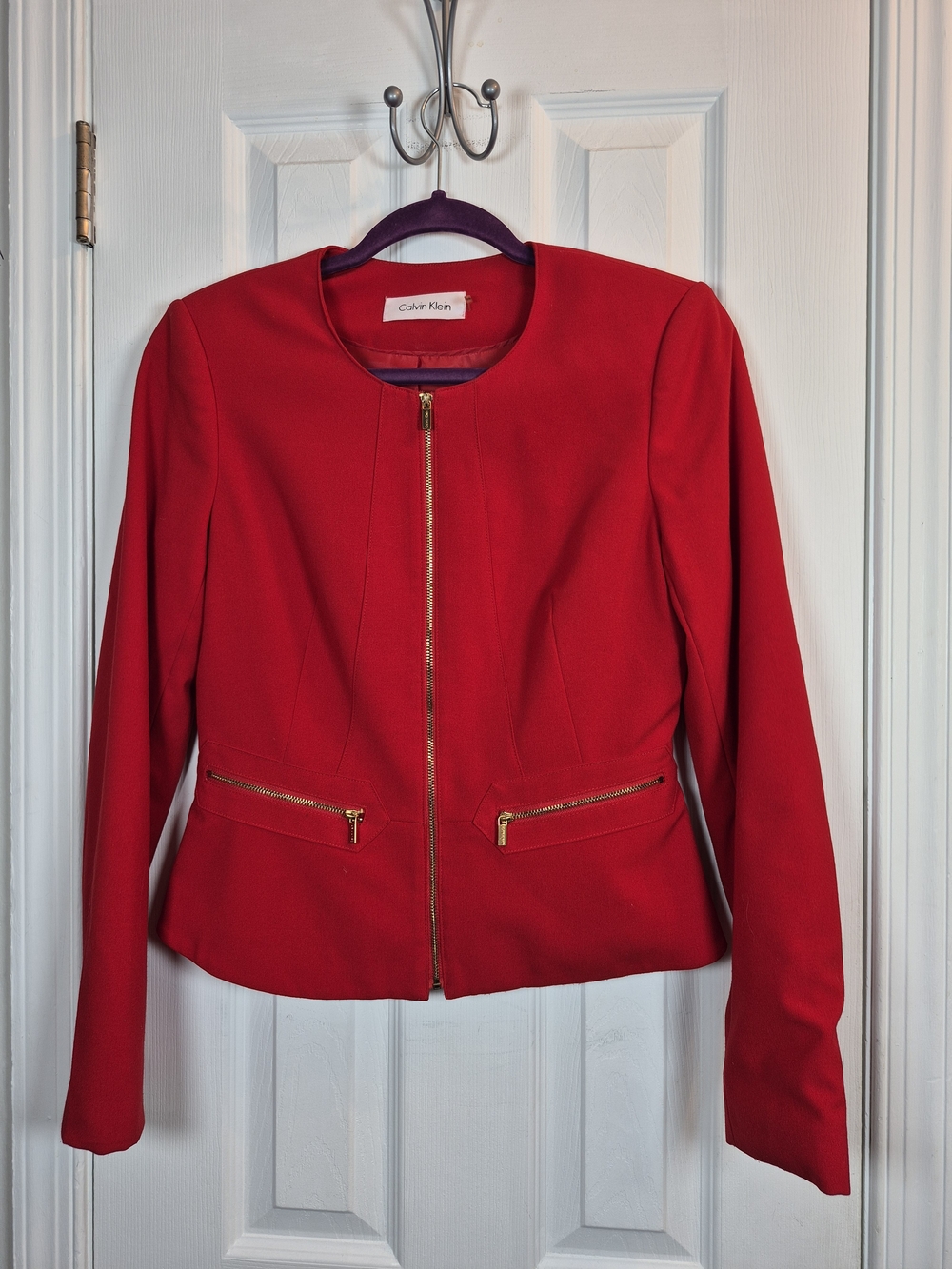 Calvin Klein Red Zip Peplum Blazer Jacket Size 4 Workwear Office Siren